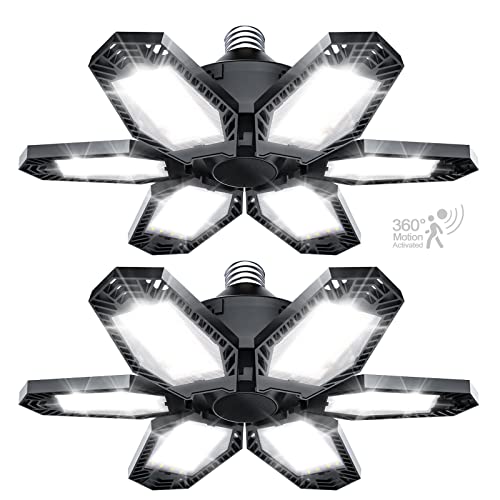 TANBABY 2 Pack LED Garage Lights with Motion Sensor, 150W Deformable Garage Light Bulb, Total 30000LM 6500K Daylight, 6 Adjustable Panels, E26/E27 Screw-in Ceiling Light for Basement by TANBABY - Used condition - US$35.88