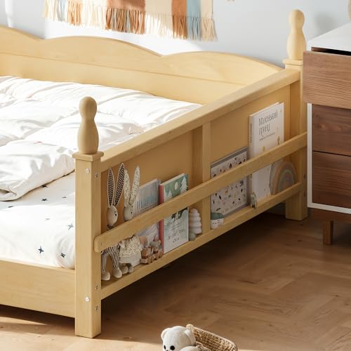 Image of Bellemave Full Size Montessori Floor Bed Frame with High Fence, Solid Wood Kids Floor Bed with Bookshelf, Low Profile Bed for Boys & Girls, Childlike Design,Natural