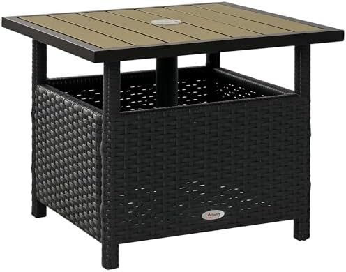 Outsunny 22" Outdoor Side Table with Umbrella Hole, Rattan Wicker End Table with Sand Bag and Steel Frame for Outdoor, Patio, Garden, Backyard, Black & Tan