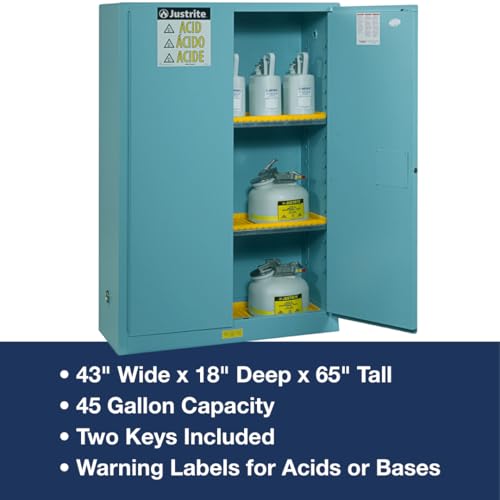 Image of Justrite Acid Corrosive Storage Cabinet - 45 Gallon 2 Door Self Close Chemical Storage Cabinet with Removable Polyethelene Trays - 18 inch x 65 inch x 43 inch - Made in The USA - Light Blue - 894522
