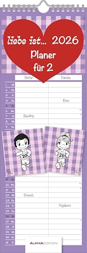 Alpha Edition - Liebe ist… Planer für Zwei 2026 – Partnerkalender 15×42 cm mit 2 Spalten, süßen Illustrationen & großen Schreibfeldern, perfektes Geschenk für Paare, gemeinsame Alltagsplanung