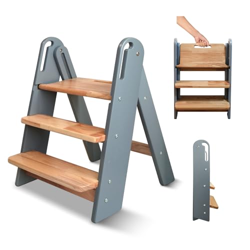 Step Stool for Toddler, 3-Step Kids Step Stool for Bathroom Sink, Foldable Toilet Potty Training Stool with Handles, Child Kitchen Counter Stool Helper Wooden Ladder for Toddlers (Grey)