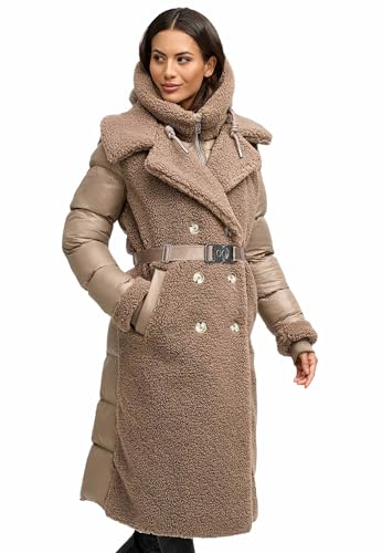 Navahoo Damen Wintermantel (XS-XXL) - Kapuze, Stepp-Innenteil, Teddymantel mit Gürtel - N119 - Taupe Grau Größe L - Gr.L