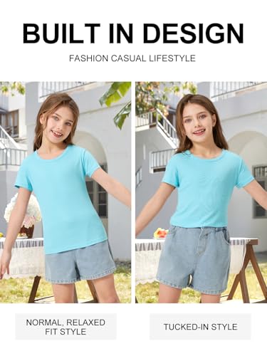 Girls Tshirts Summer Short Sleeve Crewneck Tees Lightweight Rib Knit Solid Basic Shirts Comfy Kids Tops(Blue,150) — view 2