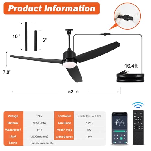 BZX Waterproof Outdoor Ceiling-Fan with Light - 52" Modern Ceiling Fans with 3 Colors LED Light, App & Remote Control, Quiet DC Motor, for Patios Gazebo, Black — view 6