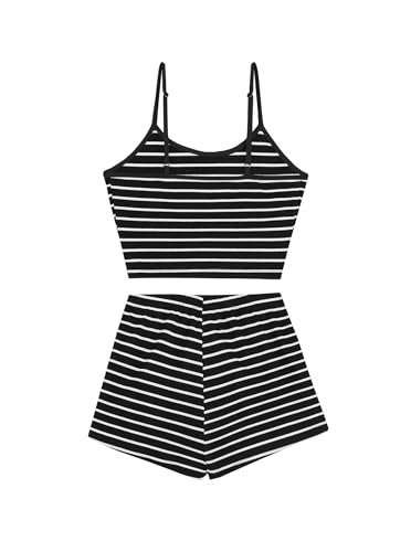 Image of Hilinker Womens Graphic 2 Piece Pajama Set Summer Cute Crop Cami and Shorts Ribbed Lounge Sets
