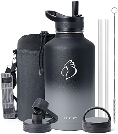 Stainless Steel Water Bottle with Straw, BUZIO Insulated Water Bottle 1L Spout Lid Hand Lid and Carrying Pouch Double Wall Leakproof BPA Free Water Falsk Travel Thermo Bottle, Indigo Crush
