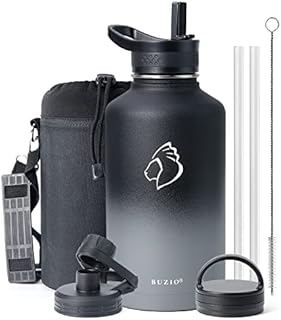 Stainless Steel Water Bottle with Straw, BUZIO Insulated Water Bottle 1L Spout Lid Hand Lid and Carrying Pouch Double Wall Leakproof BPA Free Water Falsk Travel Thermo Bottle, Indigo Crush