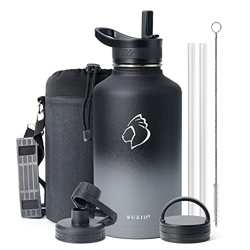 Insulated Water Bottle with Straw 2L, BUZIO Stainless Steel Insulated Water Flask Jug, Half Gallon Canteen Metal Thermo Mug Hydro Jug, Double Vacuum Hot Cold Water Bottles Carrying Pouch