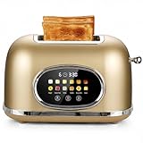 Roter Mond 2 Slice Toaster Smart Touch Screen, Retro Stainless Steel Bread Toaster with Digital Timer, Sleep Mode, Bagel, Cancel, and Defrost Functions, 6 Bread Types and Shade Settings, Gold