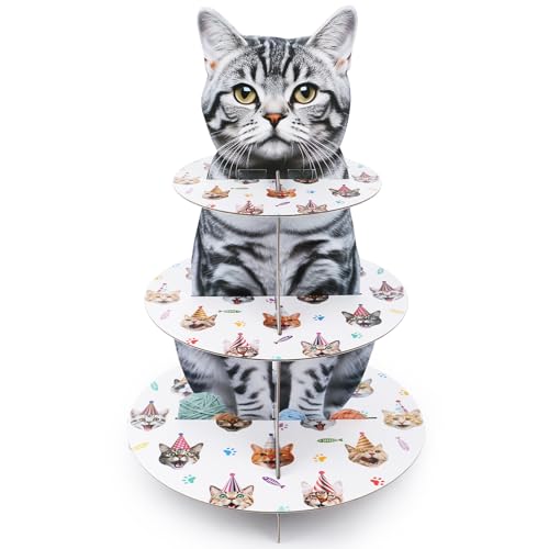 Hooqict Cat Birthday Decorations Cat Cupcake Stand Party Decorations 3 Tier Cat Cupcake Holder for Girls Cat Themed Party Supplies Cardboard Dessert Tower