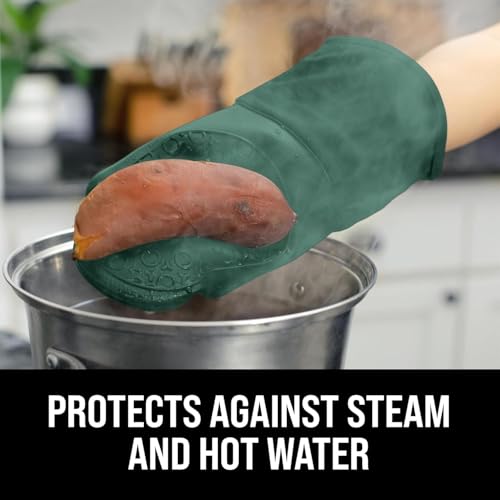 Image of BPA-Free Silicone Oven Mitts Ultra Heat Resistant up to 500F - Oven Mitts with Thick Cotton Liner - Long Slip Resistant Pot Holders, Flexible Oven Gloves - Green 13.7 inch
