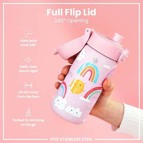 Ion8 Lightweight 400ml Steel Water Bottle for Kids, Leak Proof, Easy Open, Dishwasher Safe, Pink with Rainbows - Image 4