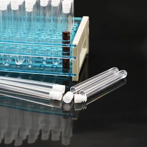 LSVERDE 50 Pcs Plastic Test Tubes with Rack, 16 x 100mm Clear Test Tube with Caps and 50 Holes Tubes Rack Set for Scientific Experiments Candy Beads Liquid Spice Seed Storage Party Decorations