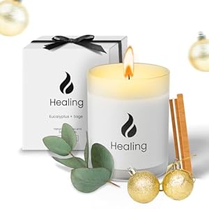 Healing Scented Candles, Soy Candles Sage & Eucalyptus | Non Toxic Candles with Essential Oil | 50 H Long Burning, Aromatherapy Candles for Home Scented, Massage -Candle Jar with Lid -8.3oz