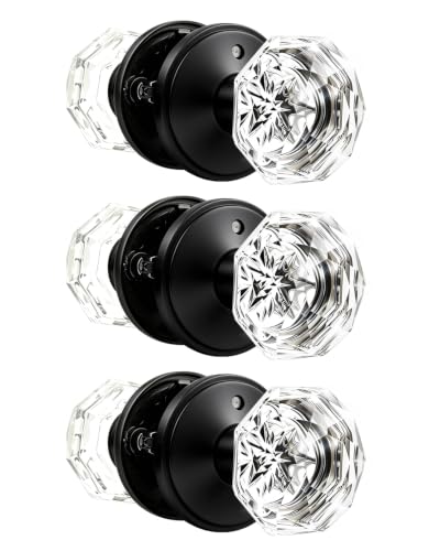 Orger 3 Pack Glass Door Knobs with Flat Black Rosette, Bath/Bed Door Knobs for Privacy Use, Keyless Interior Door Handles with Diamond Shape Crystal Glass and Zinc Alloy Base