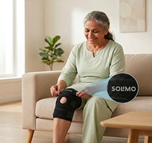 Image of Amazon Brand - Solimo Open Patella Support for Arthritis, Ligament Strain, Joint Comfort & Everyday Stability | Adjustable Compression Knee Wear for Men & Women Universal