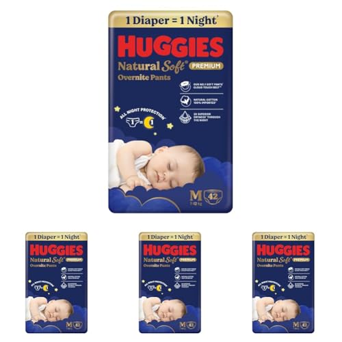Image of Huggies Natural Soft Overnite Diaper Pants| Premium Pant Style Baby Diapers Medium Size (M Size | 7-12 Kgs), 42 count| Keeps baby dry all night with cloud softness all over (Pack of 4)