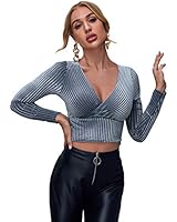 SheIn Women's Wrap V Neck Crop Tops Long Sleeve T Shirts Solid Velvet Crop Tees Dusty Blue Large