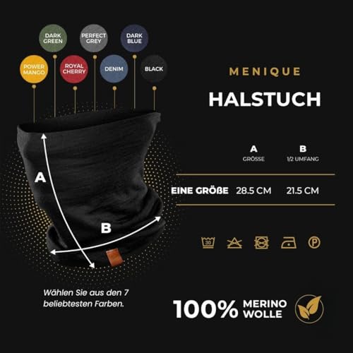 menique Schlauchschal Herren – 100% Merino Wolle Loop Schal, Atmungsaktives Halstuch und Halswärmer, Fahrrad Winter Sportschal für Männer, Motorrad Halstuch Herren, Ski-Maske (Schwarz)