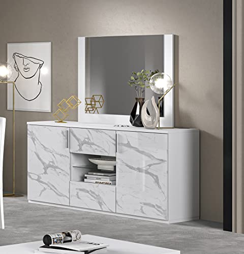 Stilprojectstore Credenza Soggiorno Laccato Bianco Effetto Marmo L180 2 Ante E 2 Cassetti - Dream