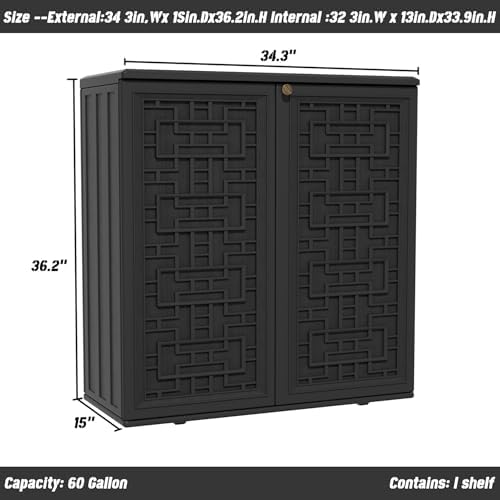 Mrosaa Outdoor Storage Cabinet Waterproof with Shelf,Resin Storage Sheds Outdoor Cabinets for tub Towels/Chemicals/Grill Items/Patio/Garden/Backyard, Size 34.3''L*15''W*36.2''H（Black） — view 4