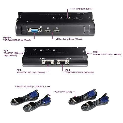 Image of TRENDnet 4-Port USB KVM Switch, TK-407K, Control Up to 4 Computers, Windows, Linux, Mac OS Compliant, 2048 x 1536 VGA Resolution, NDAA & TAA Compliant, KVM Cables Included, Black