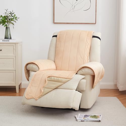 Image of Great Bay Home Velvet Recliner Cover - Washable Slipcover Furniture Protector with Elastic Straps - Furniture Cover for Dogs, Kids, and Pets - Stitched Detail (Peach)