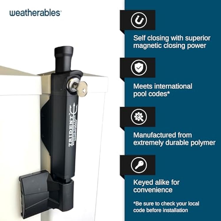 Weatherables Trident 10-inch Top-Pull Child Safety Pool Gate Latch Nylon Polymer Heavy Duty Gate Latch with Magnetic Self-Latching Gate Lock Made for Any Square Gate Frame and Post, Keyed Alike