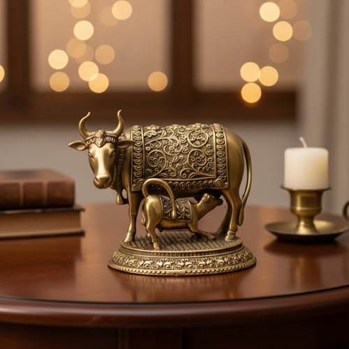 Image of eCraftIndia Golden Brass Kamdhenu Cow and Calf Idol for Home Decor Living Room Animal Figurine Cow Statue with Calf Gift for Diwali Housewarming Birthday