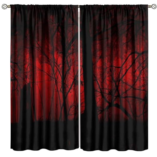 SHElifestyle Gothic Dark Red Forest Curtains, Haunted Creepy Landscape Misty Forest Window Treatments Spooky Fantasy Halloween Black Tree Forest Window Drapes for Bedroom Living Room W42 X L45