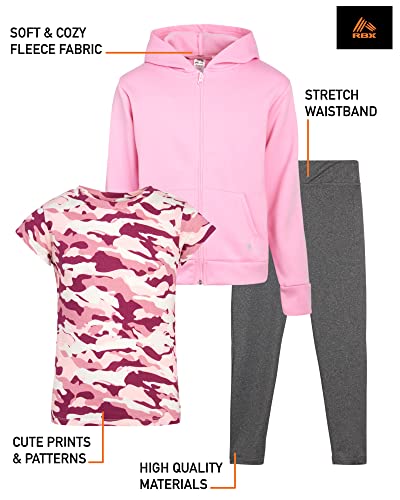 Rbx Girls Leggings Set - 3 Piece Fleece Zip Hoodie Sweatshirt, T-Shirt, And Yoga Pants (Size: 4-16), Size 14-16, Pink Grey Camo #TOP1