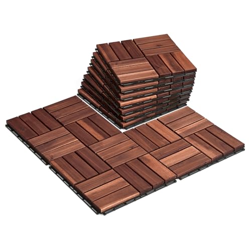THYOI Deck Tiles, Patio Flooring - Outdoor Waterproof Acacia Wood Tiles for All Weather Use - Balcony, Backyard, Indoor & Outdoor (Dark Brown Crossed Pattern, 30 Pcs - 30 Square Ft)