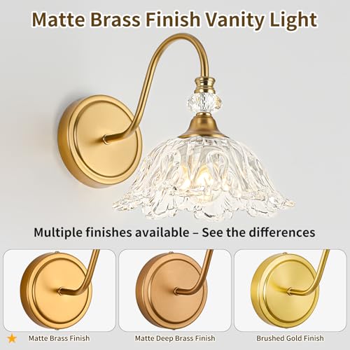 Image of 1 Piece Vintage Wall Sconce with Floral Clear Glass Shade, Matte Brass Finish Wall Mount Lighting for Bathroom,Vintage Bathroom Vanity Light Fixtures
