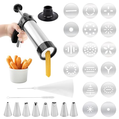 Professional Churro Maker Machine with 16 Discs & 8 Nozzles, Cookie Press Gu-n Kit, Multi-Function Cookie & Dough Press for DIY Dessert Making Decorating Baking Supplies