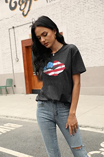 Kiddad Women's American Flag Lips Shirt Letter Print Graphic Funny T-Shirt Usa Patriotic Summer Casual Tee Tops #TOP1