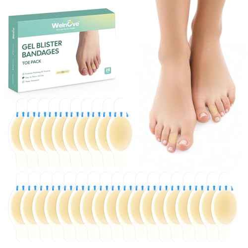 Welnove Almohadillas para ampollas, 28 unidades vendas hidrocoloides para pies,Resistentes al agua,Prevención De Ampollas En Pies,Dedos Y Talones (Toe Pack)