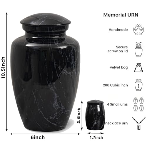 Image of Black Marble Finish Cremation Urn Set for Human Ashes Adult | 6 Piece Funeral Memorial Urns Include 1 Large Urn, 4 Small Sharing Urns & 1 Ashes Necklace for Dad Mom Grandpa Grandma Family