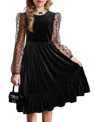 Arshiner Vestido de Terciopelo Niña Liso Vestido de Manga Larga Vestido de Línea A Cuello Redondo Vestido para Niños Vestido de Halloween Vestido de Invierno Vestido de Fiesta Negro 8-9 Años