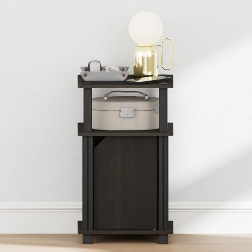 Image of Furinno JUST Night Stand, 3-Tier Nightstand with Door Cabinet, Side Table, End Table with Open Shelf, for Living Room, Bedroom, Espresso