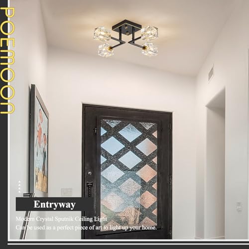 Image of Black Gold Sputnik Chandeliers Industrial 18 inch Crystal Semi Flush Mount Ceiling Light Fixture 4-Light Modern Chandelier for Hallway Entryway Kitchen Bedroom Dining Room