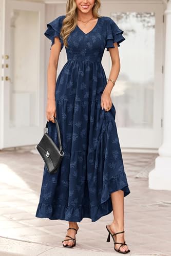 dowerme Maxi Dresses for Women 2026 Summer Ruffle Sleeve V Neck Smocked A Line Floral Boho Tiered Sundress Spring Outfit(Navy Blue,Small) — view 4