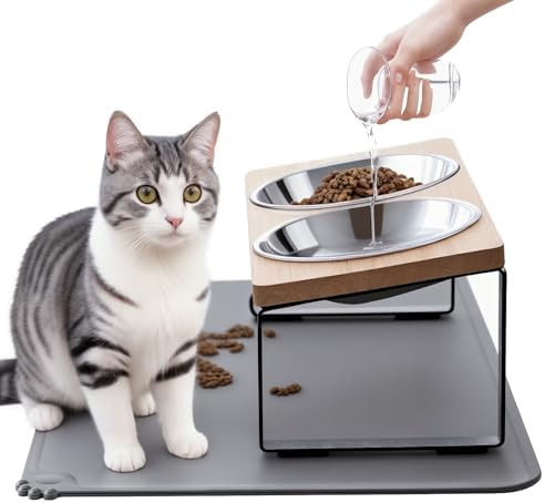 Upgraded Elevated Cat Bowls with Food Mat,15°Tilted Stand Anti Vomiting Raised Cat Dishes for Food and Water,2 Stainless Steel Bowls for Cats and Puppy Upgraded Elevated Cat Bowls with Food Mat,15°Tilted Stand Anti Vomiting Raised Cat Dishes for Food and Water,2 Stainless Steel Bowls for Cats and Puppy