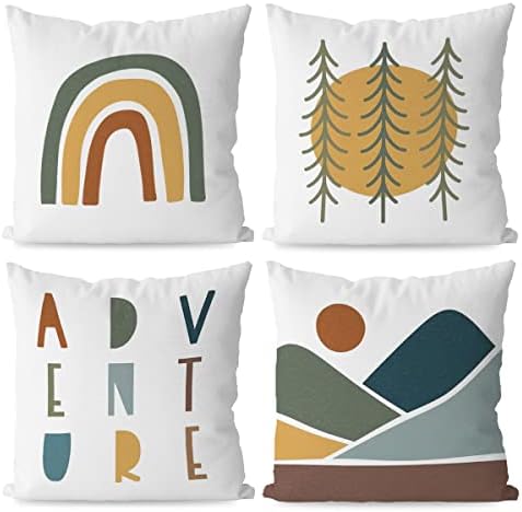 KEUSPI Adventure Camper Kids Room Rainbow Sun Mountain Throw Pillow Cover,Abstract Nature Landscape Art Throw Pillow Case 18×18 Inch Set of 4,Home Kids Room Nursery Decor,Kids Camper Adventurer Gifts