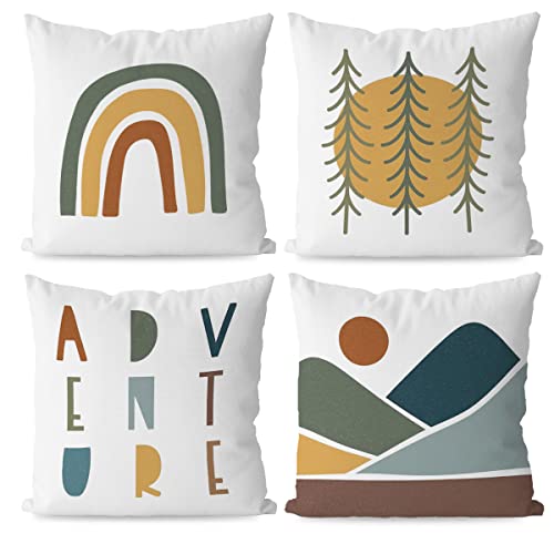 Keuspi Adventure Camper Kids Room Rainbow Sun Mountain Throw Pillow Cover,Abstract Nature Landscape Art Throw Pillow Case 18×18 Inch Set Of 4,Home Kids Room Nursery Decor,Kids Camper Adventurer Gifts #TOP5