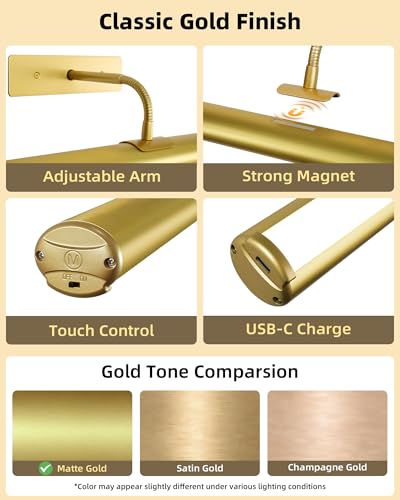 Image of EZVALO Picture Light for Wall, 13-Inch Wireless Rechargeable 4000mAh LED Art Light with Remote, Dimmable 3 Color Temps, Battery Operated Wall Light for Living Room, Bedroom, Gallery (Gold, 2 Pack)