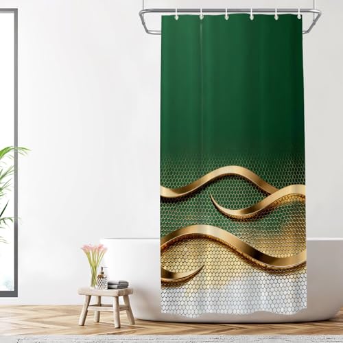 Shrahala Gold Waves Polyester Shower Curtain, Emerald Green Design Bath Curtain Waterproof with Plastic Rings for Shower Stall Bathtubs 72 X 36 in