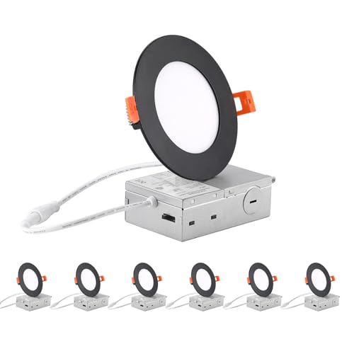 Image of ZYC recessed Lighting 4 inch - 6Pack 9W 800LM High Brightness,5CCT 2700K /3000K /3500K /4000K /5000K Selectable,Ultra-Thin LED Recessed Ceiling Light,Dimmable Canless Wafer Downlight,Pack of 6 Black.