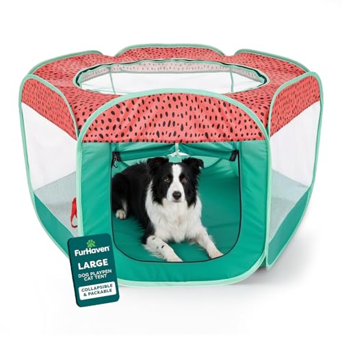 Image of FurHaven Soft-Sided Dog & Cat Playpen, Portable Foldable Indoor & Outdoor Pet Playpen with Mesh Windows & Zippered Door, Green & Pink, Large