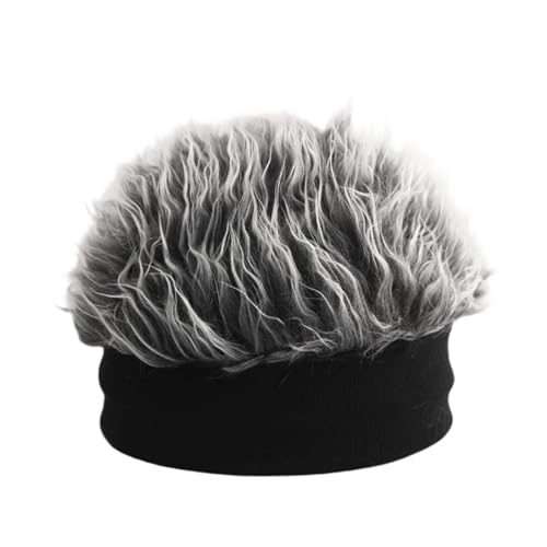 ivyever Men's Funky Faux Fur Knit Beanie Hat, Hip-Hop Style, Spiked Funny Wig Hat, Wig Peaked Baseball Hat with Straight Hair (Black-Gray)